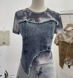 Real Shooting Of The Edge Of The Denim Splicing Tie Dye Mesh Repair Irregular Two Short-Sleeved Top T-Shirt 26171
