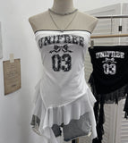 Real Shooting Retro Letter Print Bump Color Palette Vest Body Splicing Mesh Yarn With Hottie Top 8089