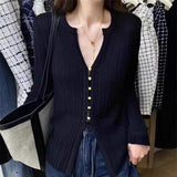 Korean V-Neck Knitted Shirt Women's Clothing Early Autumn New Buckle Top Cardigan