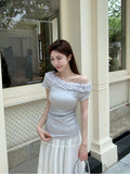 Wood Ear Lace A Word Shoulder Splicing Short-Sleeved T-Shirt Women's Summer Han Design Feel Waist Repair Uniform