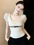 Korean Sweet Bubble Sleeve T-Shirt Girl New Collar Lace Splicing Bow Repair Slim Thin Short Sleeve Top Tide