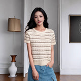 New Korean Version Of The New Korean Version Of The High-End Sense Collar Gold Silk Wire Waid Short-Sleeved Knitting Top Lady In The Summer Of 2025
