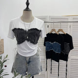 Fake Two Denim Hair Side Spliced Short-Sleeved T-Shirt Side-Swaist Lace With Short Repair Body Coat 26302