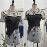 Stylish Denim Splicing Dizzy Mesh Yarn Short-Sleeved T-Shirt Girl Summer Body Short Small Blouse 26171
