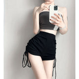 Thai Black Shorts 2025 Summer New Thin Rope High-Waisted Workwear Casual Sports Broad-Legged Trousers Women's Clothing