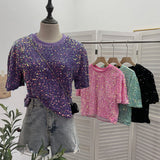 Pink Sequin Short Sleeve T-Shirt 2025 Spring And Summer Korean Version Of Loose Night Club Bling Top 9088