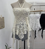 Real-Patlace With Hanging Neck Tector Lace Three-Dimensional Flower Sling Vest Irregular Ribbon Sleeveless Top 9330
