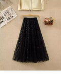 Heavy Industry Embroidery Net Yarn Half-Dress Woman Summer New High-Rise Thin Shiny Leaf Lint Leaf Embroidery A Letter Dress