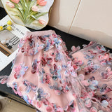 French Romantic Style Three-Dimensional Flower Mesh Splicing Half-Dress Woman Autumn High-Waist A Word Loose Big Swing Skirt