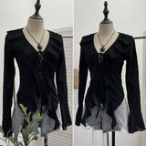 Dark Wind To Make Old Hole Horn Long Sleeve Open Shirt Tie With Lotus Leaf Side V Collar Sunscreen Shirt 9280