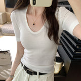 Mint Green Knitted Top Women's Summer 2025 New Thin U-Neck Fashion Fashion Slim Slim Slim Short-Sleeved T-Shirt