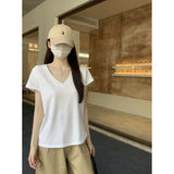 2026 Summer Korean Version Of Relaxed V-Neck Solid Color Foundation Straight Shoulder Short-Sleeved T-Shirt Top Woman