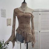 Personality Tie-Dye-Print Oblique Shoulder Dress Repair Irregular Lotus Horn Long-Sleeved Mesh T-Shirt 9955