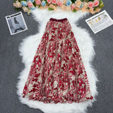 Printed Folded A-Word Half-Dress Girl's Long-Term Loose Waist 100-Fold Skirt Literary Retro Style Dress Swing