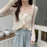 2025 Summer New Korean Version Of Sweet Lace Strap Design Sunscreen Knit Long-Sleeved Cardigan Women's Top