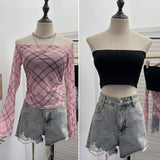 Real Shooting Two Sets Of Sexy Shoulder Single-Layer Thin Mesh Yarn Short T-Shirt + Inner Brat With Chest Pads To Wipe The Chest Vest 8095