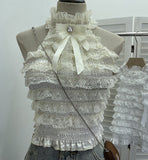 Real Shooting Guangzhou Women's Clothing Hanging Neck Vest Bow Layer Lace Splicing Short Sleeveless Top 2858
