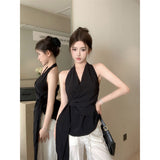 Temperament Black Bare Back Hanging Neck Sleeveless Shirt Women Summer Belt Design Feel Shirt Chic Niche Top