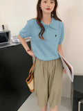 Fashion Embroidered Collar Half Zipper Short-Sleeved Sweater Knitted Women's Spring New Languid Top Casual