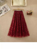 Heavy Industry Embroidery Net Yarn Half-Dress Woman Summer New High-Rise Thin Shiny Leaf Lint Leaf Embroidery A Letter Dress