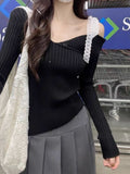 Pure-Style Sexy Design Sense Of Irregular Long-Sleeved T-Shirt Slanted Shoulder Slimming Niche Unique Knitted Shirt Top