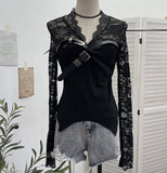 Real Shooting Babes V-Neck Lace Lace Splicing Belt Long Sleeve Design Irregular Short Bottom Top 2752