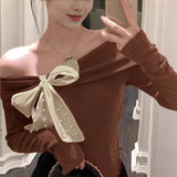 Small Fragrant Wind Bow Bottom Knitted Shirt Long Sleeve Autumn And Winter Single Shoulder Pure Desire Red Top Inside Put On The Inside