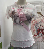 Double-Layer Screen Printed Short-Sleeved T-Shirt For Women's Summer New Dopamine Sweet Moringe Ear Top 2916