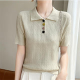 Loose Large Plate-Type Twist Rope Poolo Collar Knitted Shirt T-Shirts For Girls In Summer Thin Thin Short Cash