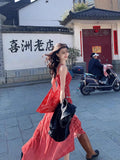 2025 New Leisure Temperament To Pick Up Thin Skin Spliced Red Lattice Long Sling Dress Women's Holiday Style