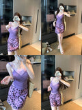 Sexy Fake Two Splicing Lace Sling Vest Women Summer Babes Set Purple Leopard Half-Dress Two Sets