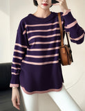 Autumn And Winter Lazy Wind Stripe Round Collar Blouse Korean Chic Chic Age Reduction Long-Sleeved Loose Knitted Shirt Woman