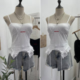 Real Shooting Hottie Sexy Sling Sling Vest Lace Side Splicing Letter Embroidery Short Outer Wearing Sleeveless Small Top 1232