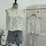 Net Yarn Splicing Printing New Chinese Style Collared With Hanging Neck Buckle Shirt Small Slap Short Vest 9127