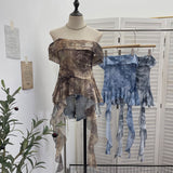 Wasteland Hot Babes Wind Shoulder Thin Mesh Printing Ribbon Clothes Irregular Design T-Shirt 8156