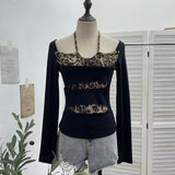 Real Shooting With Hanging Neck Leopard Print Splicing Two Long-Sleeved Tops A Short Shoulder Bottom T-Shirt 28787