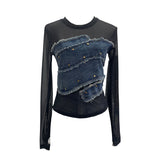 Real Shooting Spice Girls Irregular Hairy Denim Splicing Perspective Mesh Long Sleeves Bottom Shirt Short T-Shirt 8978