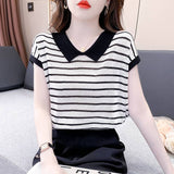 Striped Ice Silk Short-Sleeved T-Shirt Lady Wears New Thin-Explosive High-End Knitted Shirt In Summer 2025