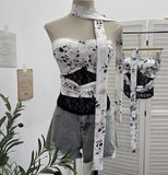 Real Shot Lace Spliced Leopard Hanging Neck Sling Waistcoat With Bra Pad Hottie Short Sleeveless Top 8108