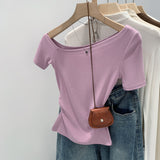 2026 Early Spring Korean Chic Inclined Shoulder Short-Sleeved T-Shirt Women's Commuting Summer New Slim Slimy Super Good-Looking Exposed Shoulders