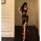Temperament Famous Sister Style Sling Dress Retro Print Design Sense Niche Open Fork Body Ass Long Skirt