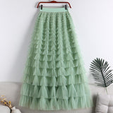 Lotus-Leaf Yarn Skirt Fairy Dress Girl 2025 Summer Slim Dress High-Waist A-Shaped Mesh Cake Skirt
