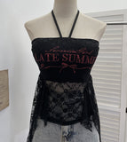 Real-Patting Hottie With Chest Cushion Letter Print Hanging Neck Sling Vest Irregular Ribbon Ribbon Sleeveless Lace Top 1285