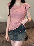 Tea Tea Yarn Knitted Jersey Ice Blouse Women Summer Large Size Fat Mm Unique Beautiful Shirt Splicing Irregular