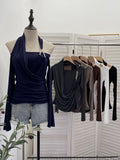 Real Shooting Hottie Shoulder Bead Hanging Neck Cross-Neck Wrinkles Two Long-Sleeved Tops To Repair T-Shirt 2861