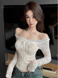 White Lace Babes Long Sleeve V-Neck T-Shirt Girl Spring And Summer Temperament Sexy Net Yarn Inside The Bottom Shirt Tight Tide