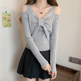 2025 New Temperament Goddess Fan French Small Body Slim Design Feel Shoulder Bows Thin Knitting Tops