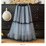 French Wave Point Mesh Splicing Layer Fluffy Skirt Women's Spring And Summer 2025 New Wooden Ear High-Waist Loose Swing Skirt