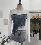 Design Feel Niche Cowboy Splicing Long-Sleeved Mesh T-Shirt Girl Summer Round Collar Dress Short Top 2617