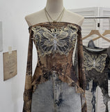 Real Shot Raging Butterfly Embroidery Y2k Babes Punk Word Shoulder Tie-Dye Mesh T-Shirt With Short Top 1319